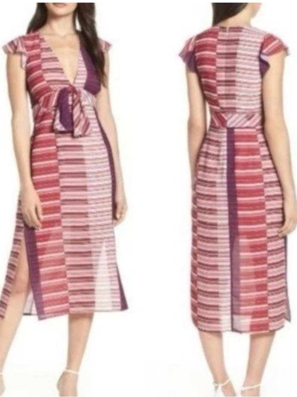 lenon NWT Midi Dress Stripe Tie Chest Ruffle Flutter Sleeve